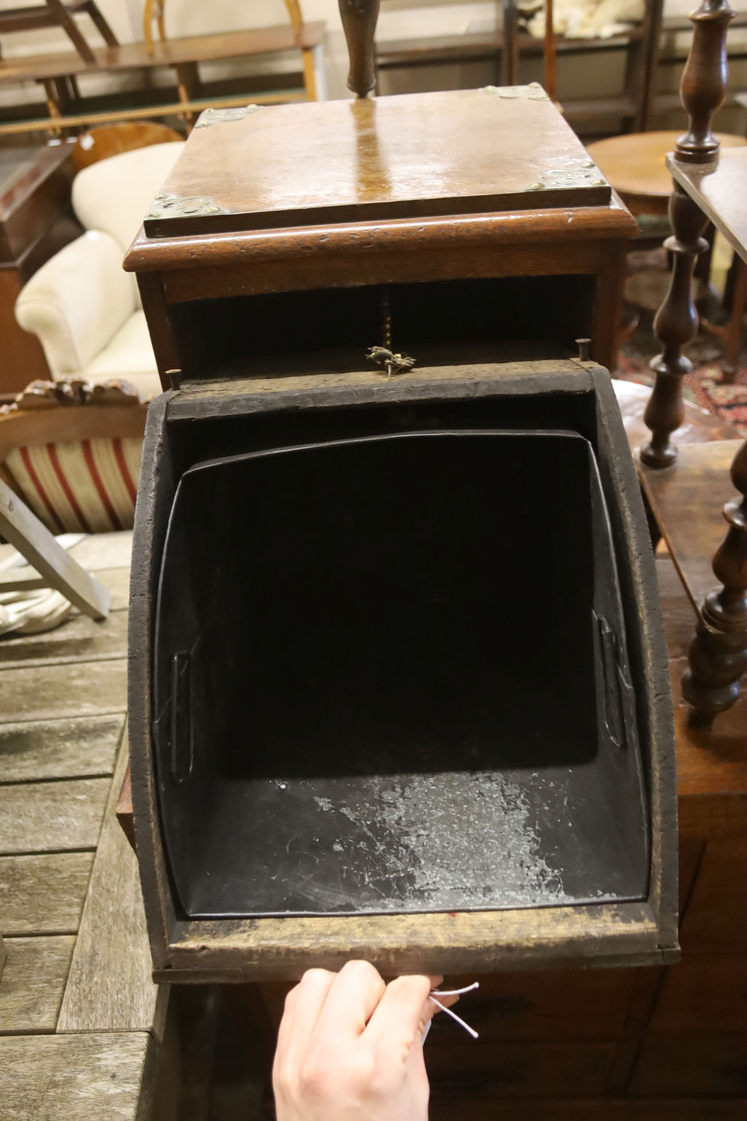 A late Victorian brass mounted inlaid mahogany coal purdonium and scoop, width 32cm, depth 32cm, height 51cm